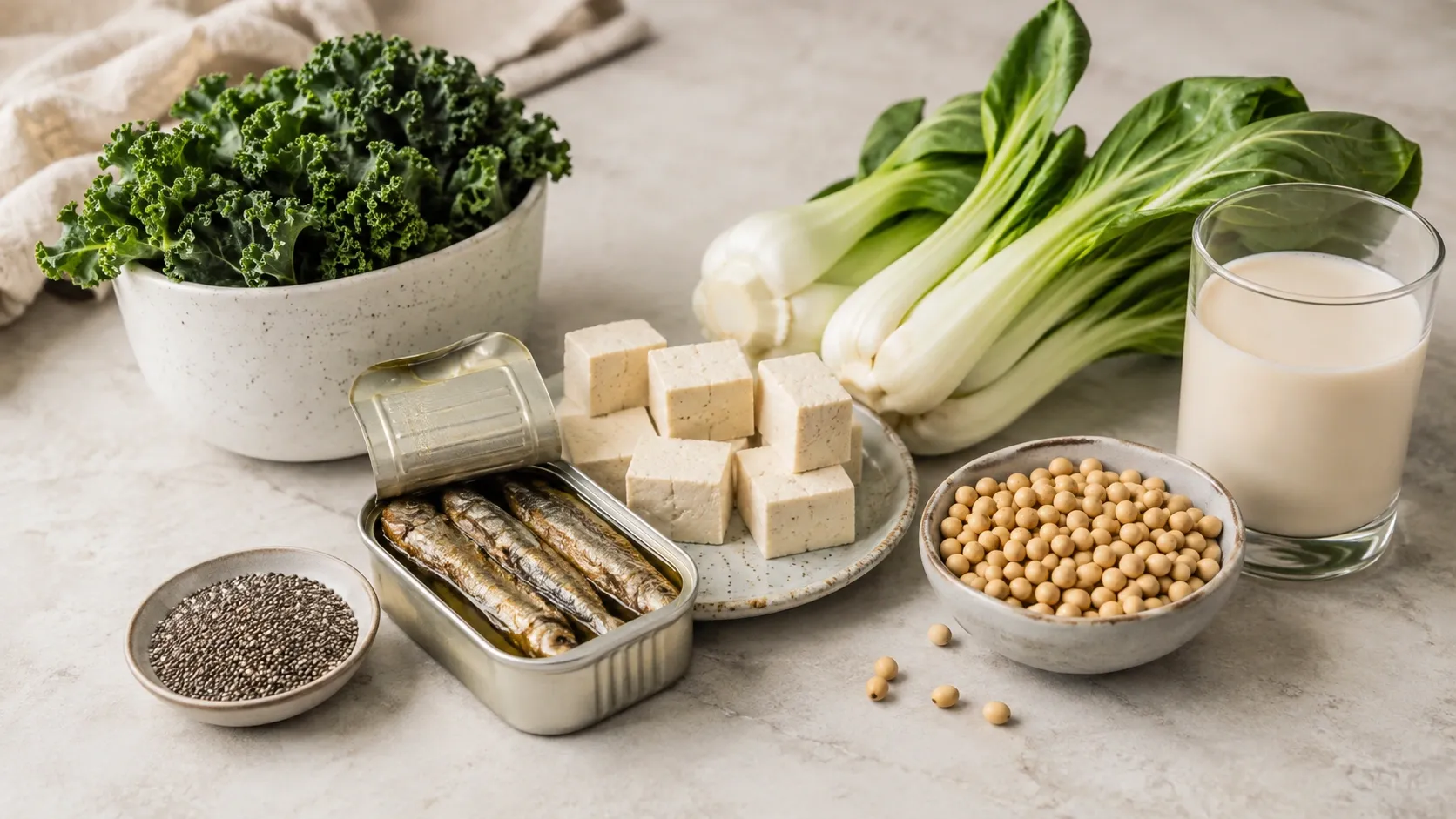 Sardinhas, tofu, couve, bebida vegetal e sementes organizados sobre uma mesa como diferentes fontes alimentares de cálcio.