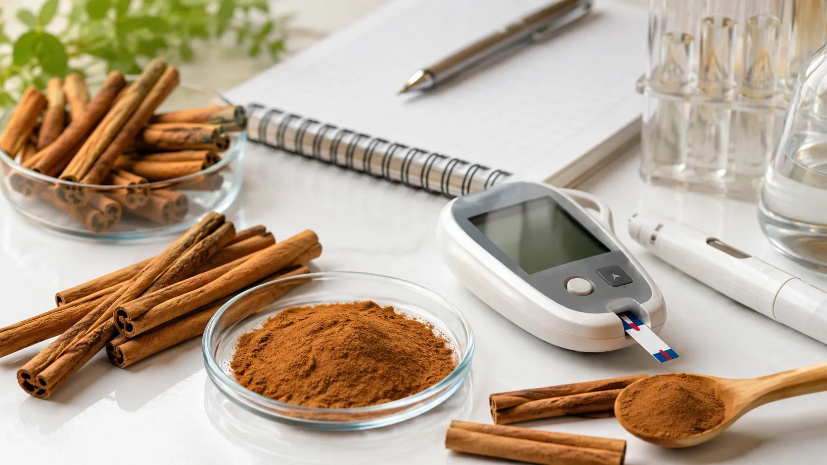 Canela em diferentes formas ao lado de um medidor de glicose em composição editorial de caráter científico.