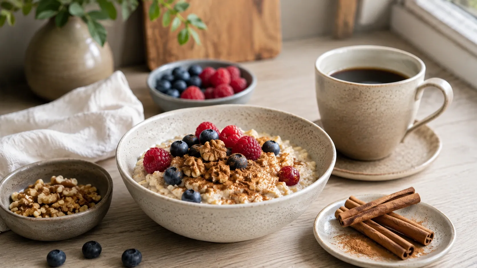 Tigela de aveia com frutas, castanhas e uma pequena quantidade de canela em uma refeição equilibrada.