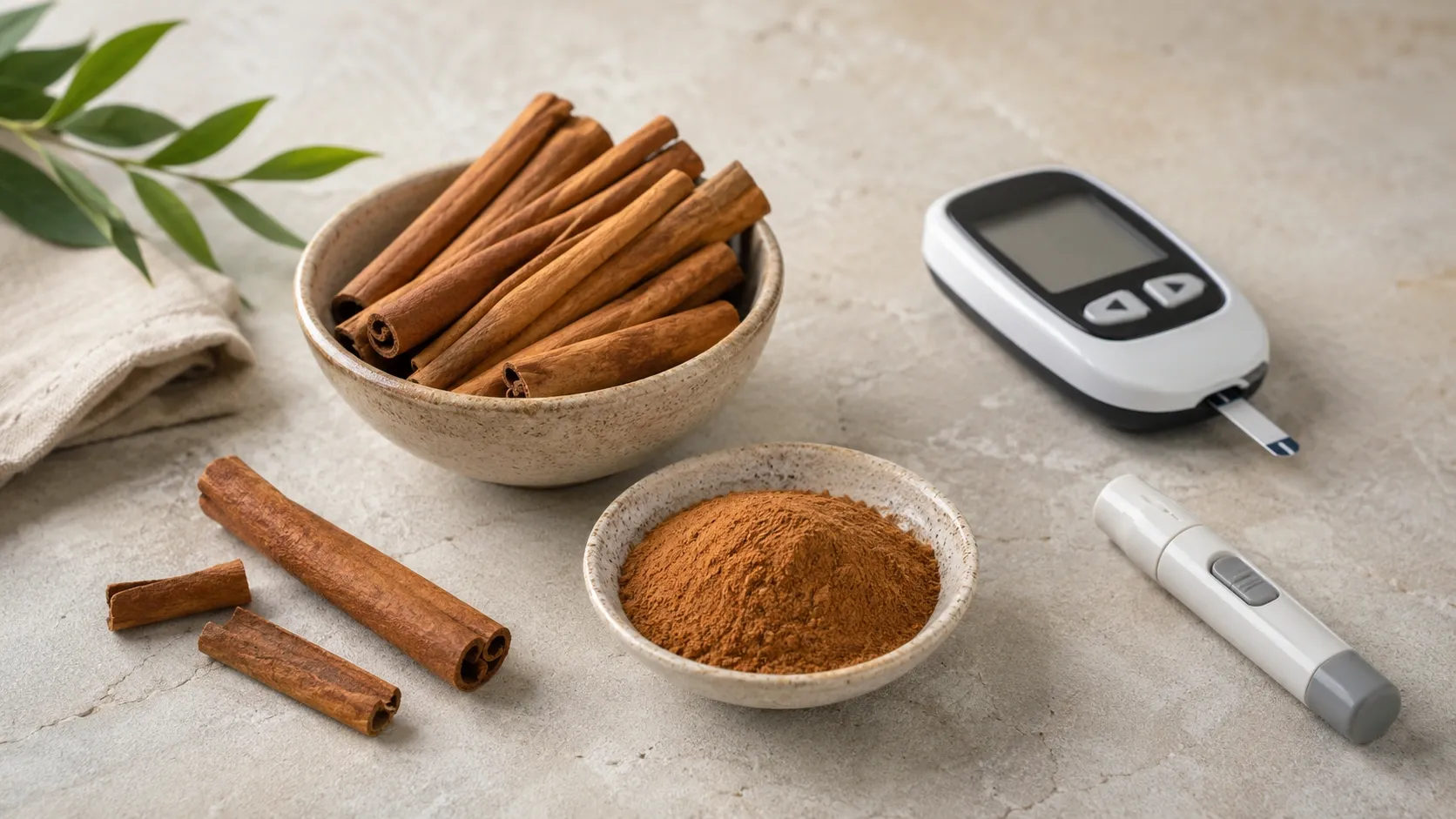 Canela em pau e em pó ao lado de um medidor de glicose, em composição editorial sobre alimentação e controle glicêmico.