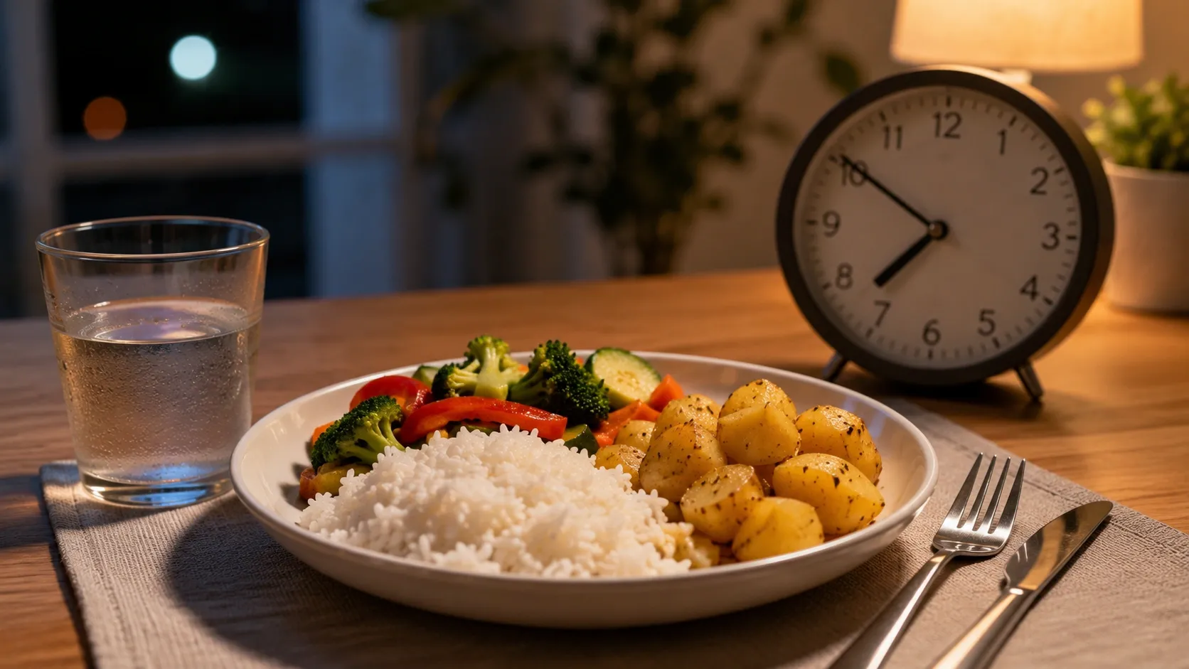 Prato com alimentos ricos em carboidratos ao lado de um relógio marcando o período da noite.