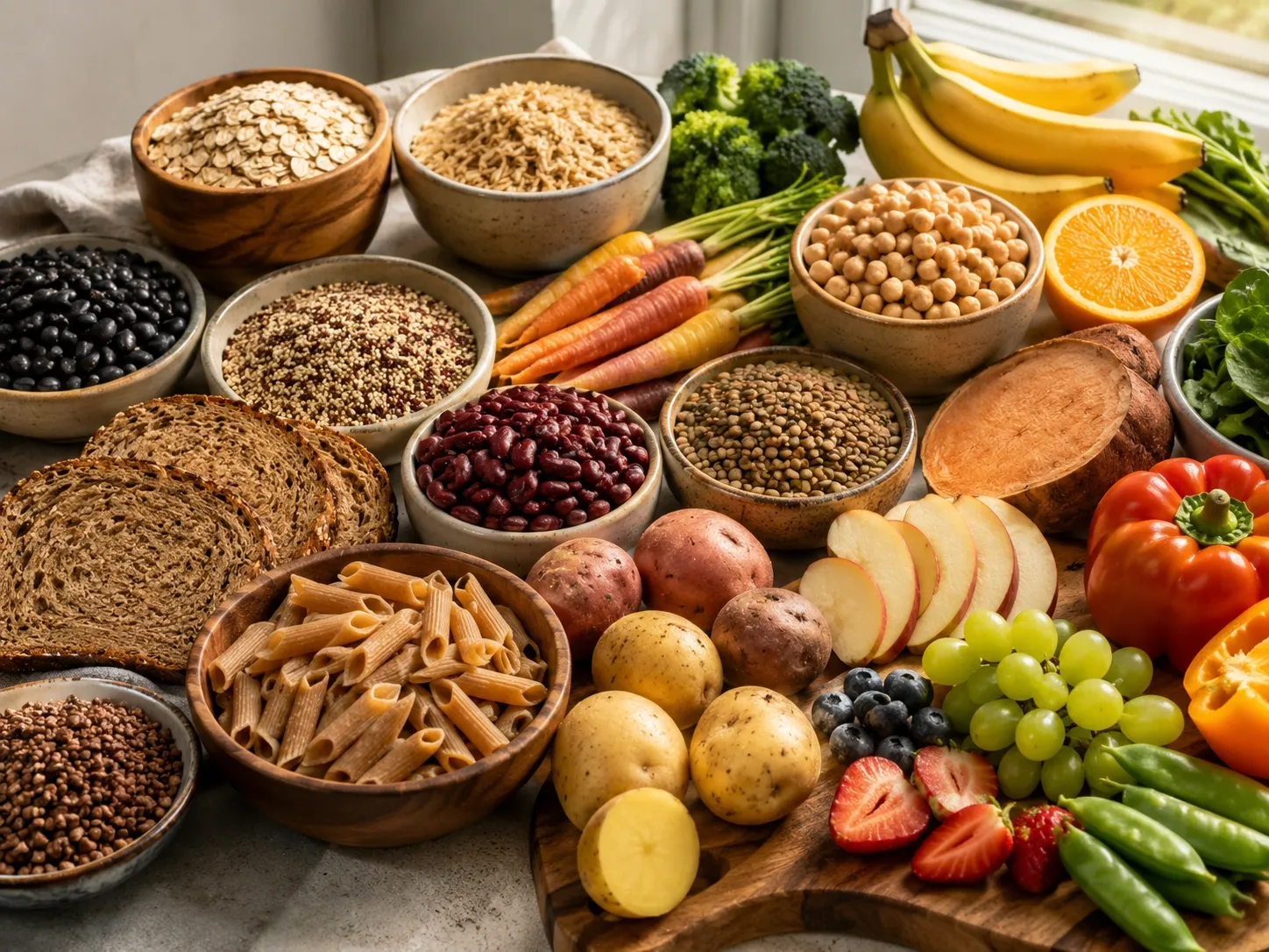 Seleção de grãos integrais, leguminosas, frutas, vegetais e tubérculos sobre uma bancada.