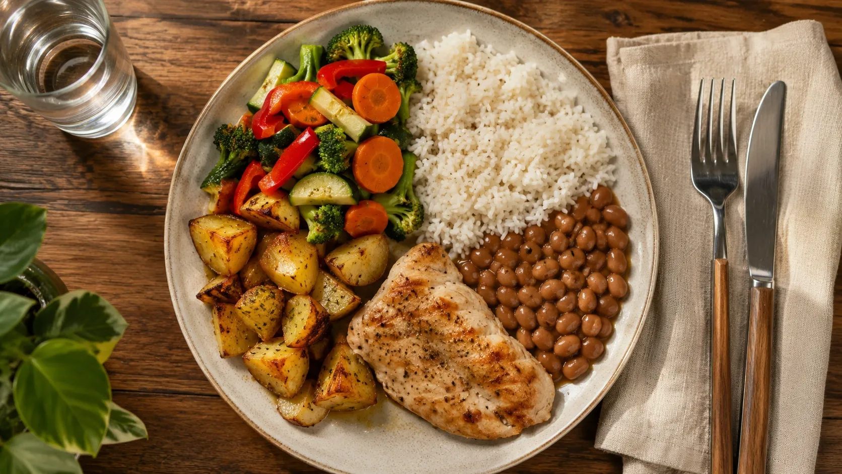 Prato equilibrado com vegetais, arroz, feijão e uma fonte de proteína visto de cima.