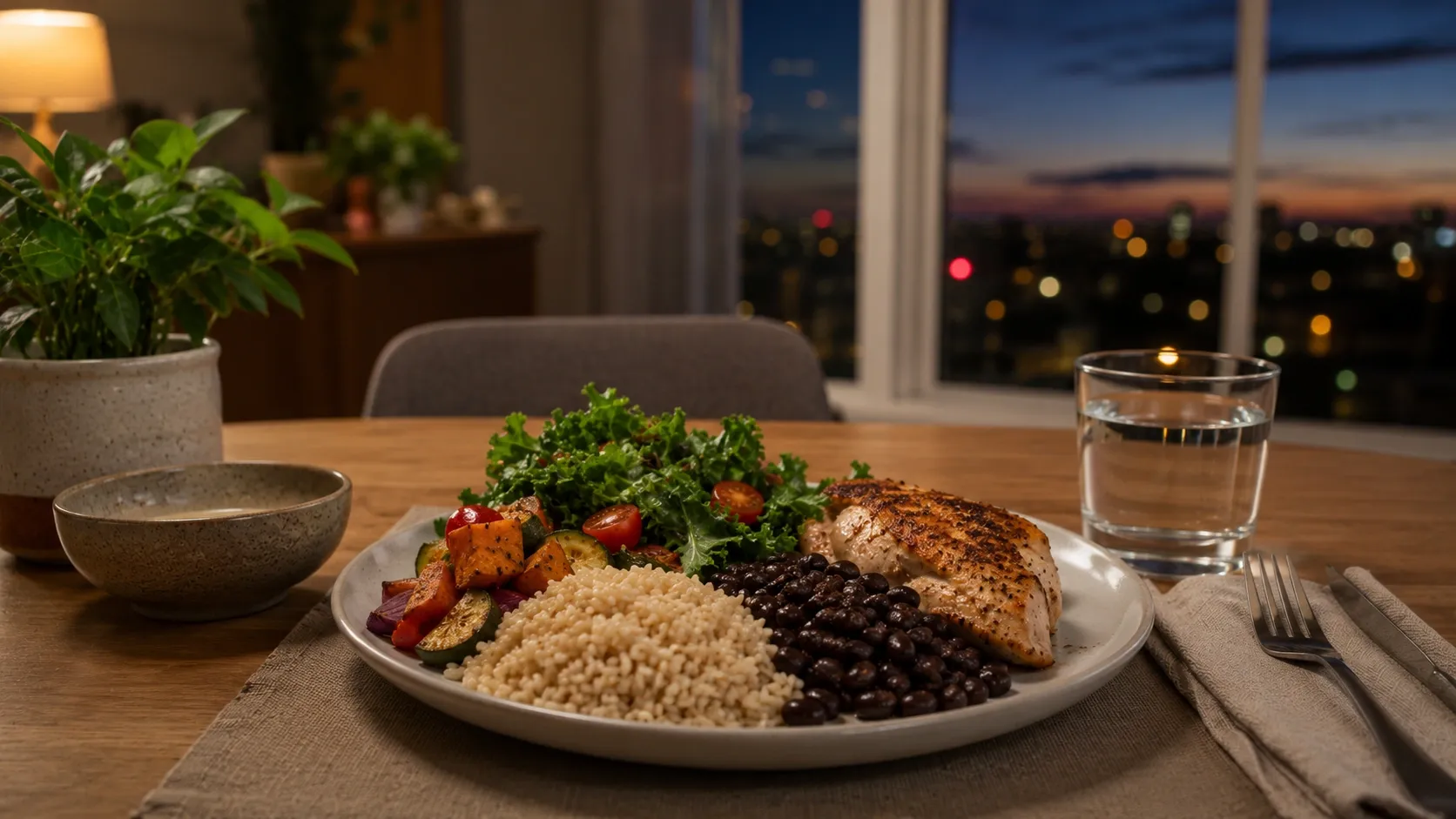 Prato equilibrado de jantar com arroz integral, legumes, vegetais e uma fonte de proteína sobre uma mesa em ambiente noturno.