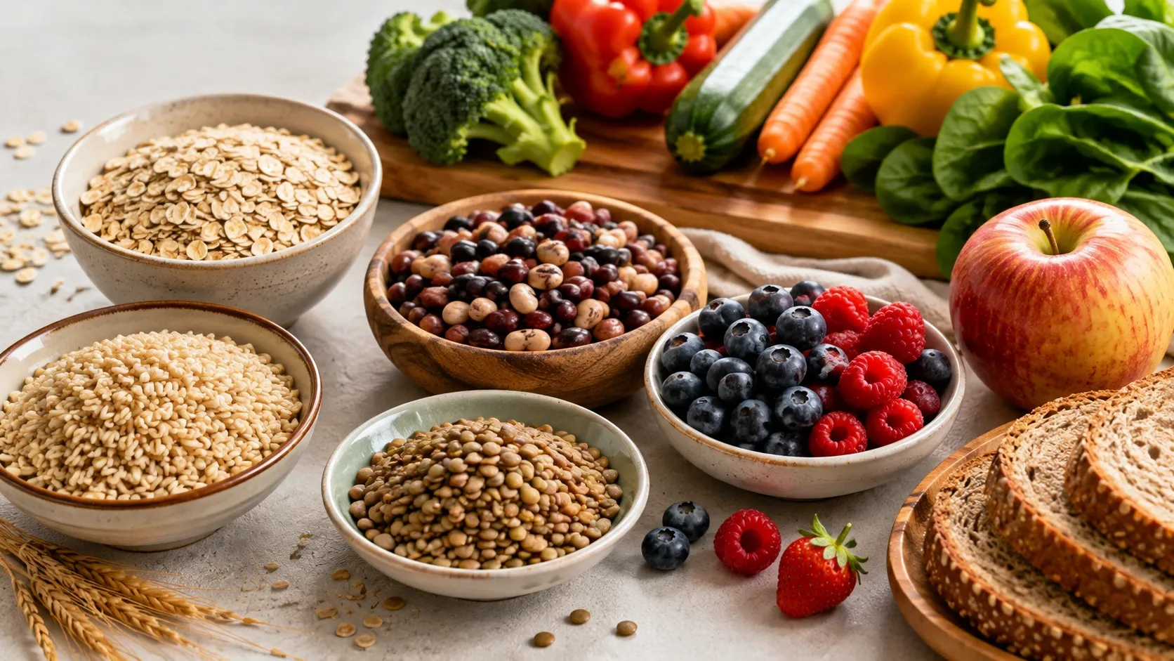 Seleção de aveia, arroz integral, feijões, lentilhas, frutas, vegetais e pão integral.
