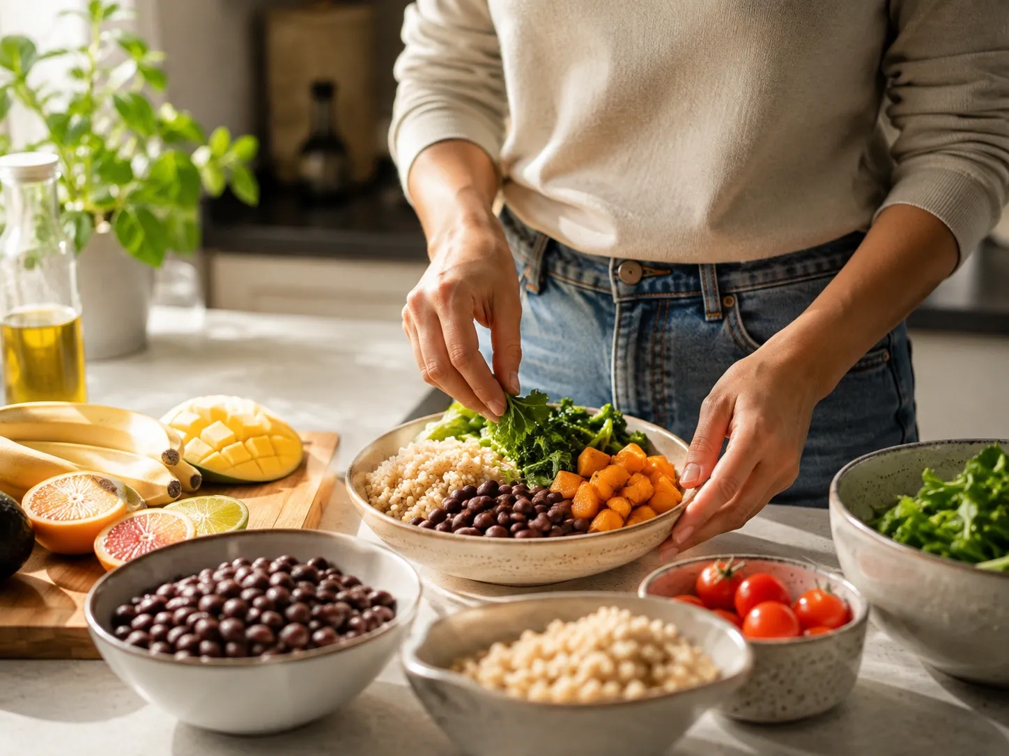 Pessoa preparando uma refeição caseira com grãos, feijão, vegetais e frutas.