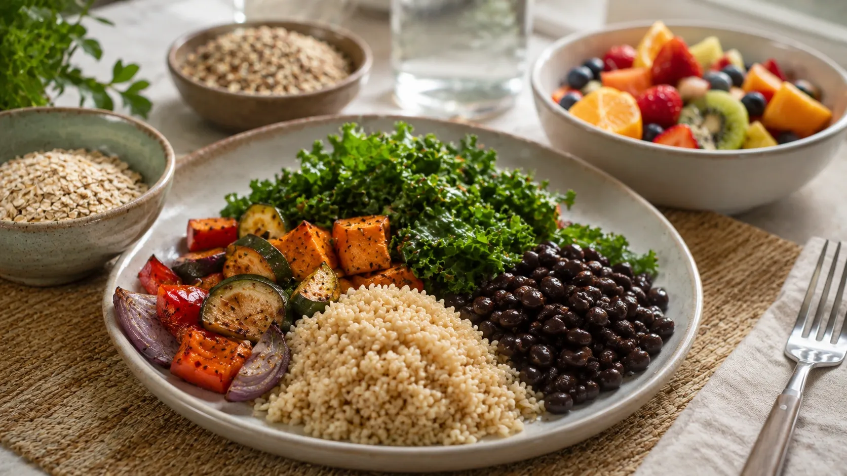 Prato equilibrado com arroz integral, feijão, vegetais e frutas, representando diferentes fontes naturais de carboidratos.
