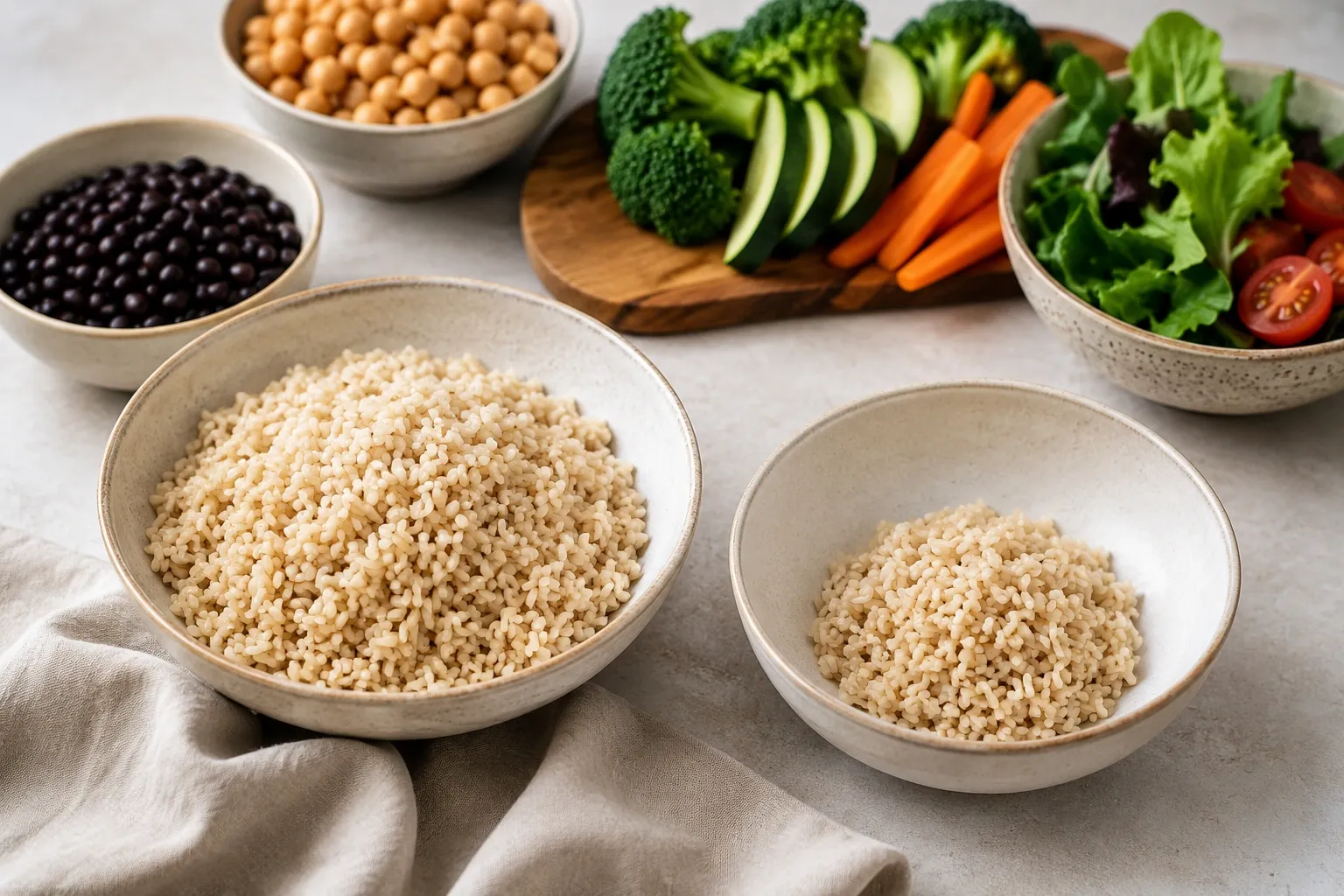 Duas tigelas com porções diferentes do mesmo alimento fonte de carboidrato, acompanhadas de vegetais e leguminosas.