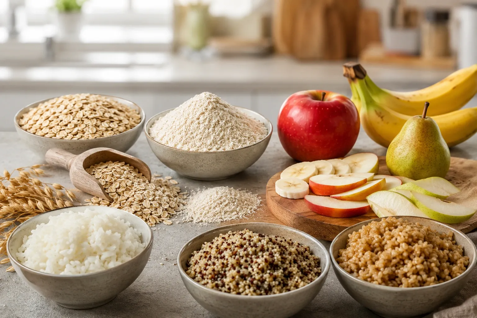 Diferentes formas e preparações de alimentos ricos em carboidratos, incluindo grãos, aveia e frutas.