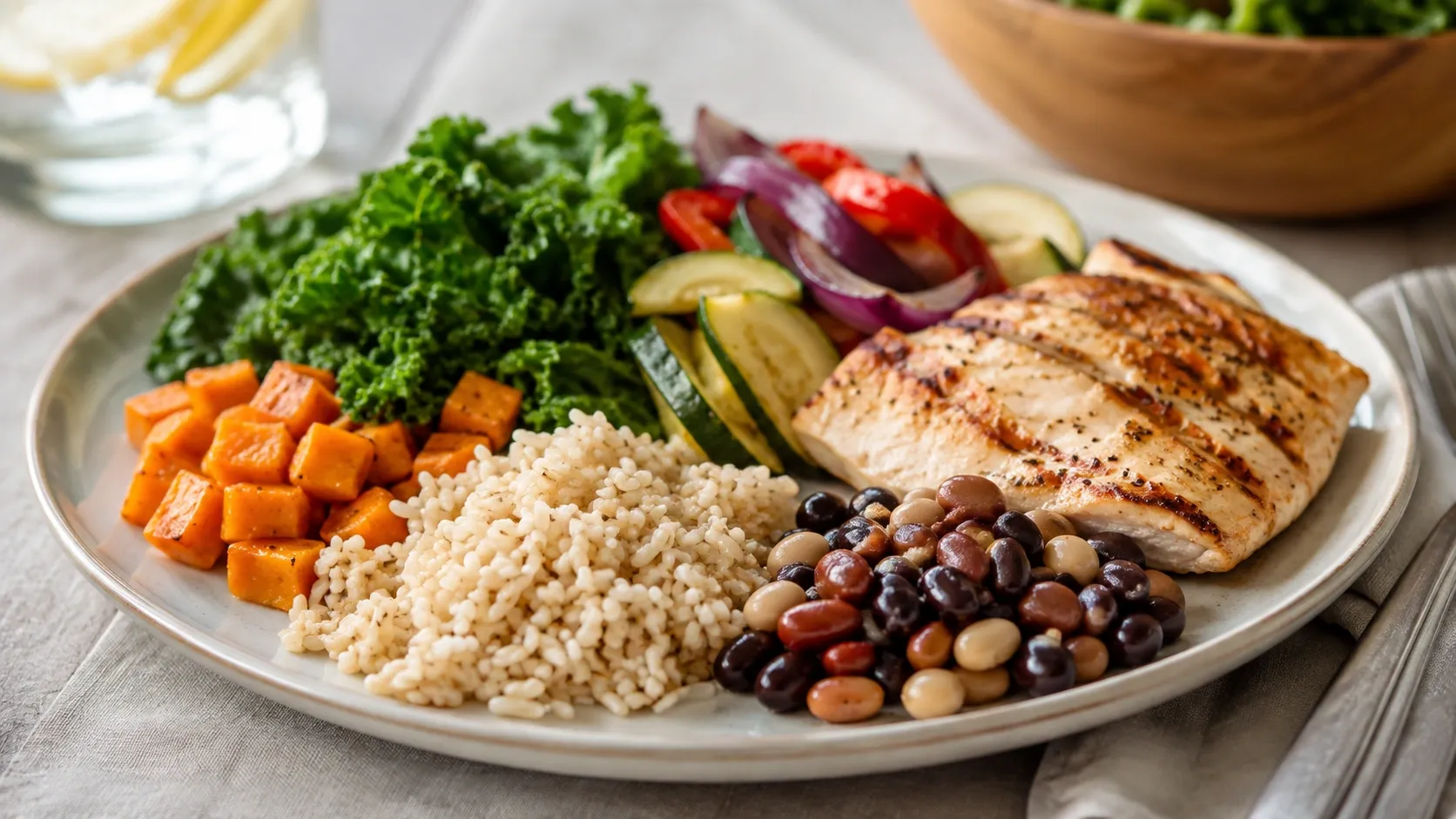 Prato equilibrado com vegetais, leguminosas, grãos integrais, proteína e uma porção moderada de carboidratos.