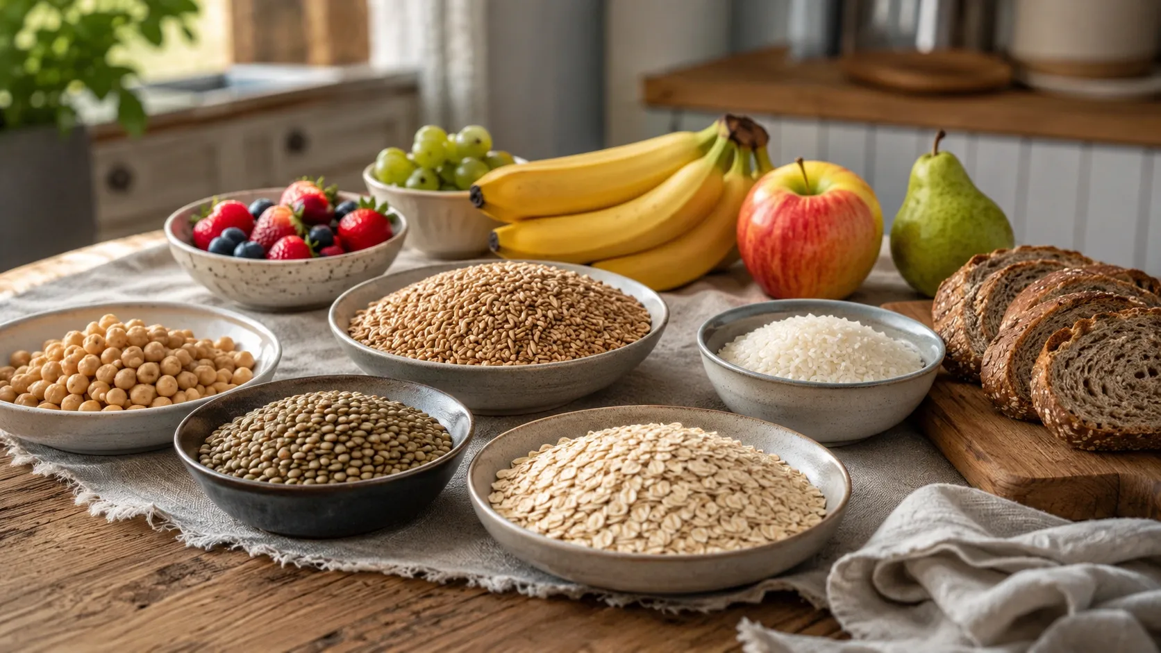 Mesa com grãos integrais, leguminosas, frutas e outros alimentos fontes de carboidratos organizados em porções variadas.