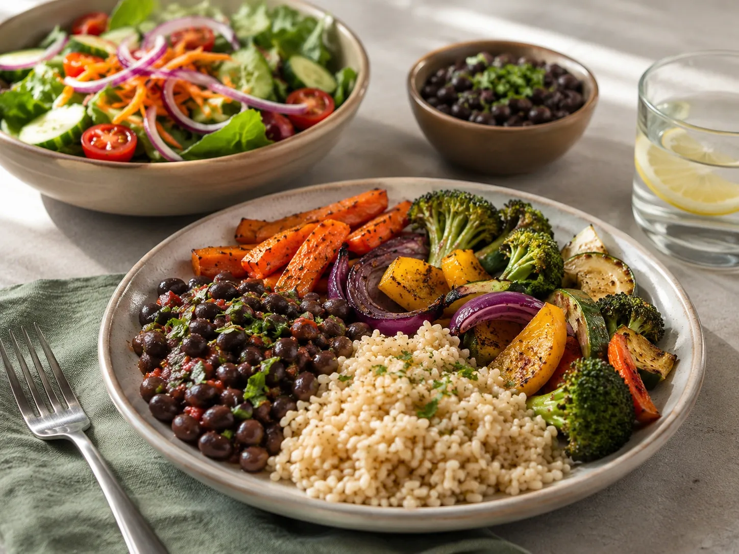 Cebola faz parte de uma refeição variada com salada, legumes assados e feijão.