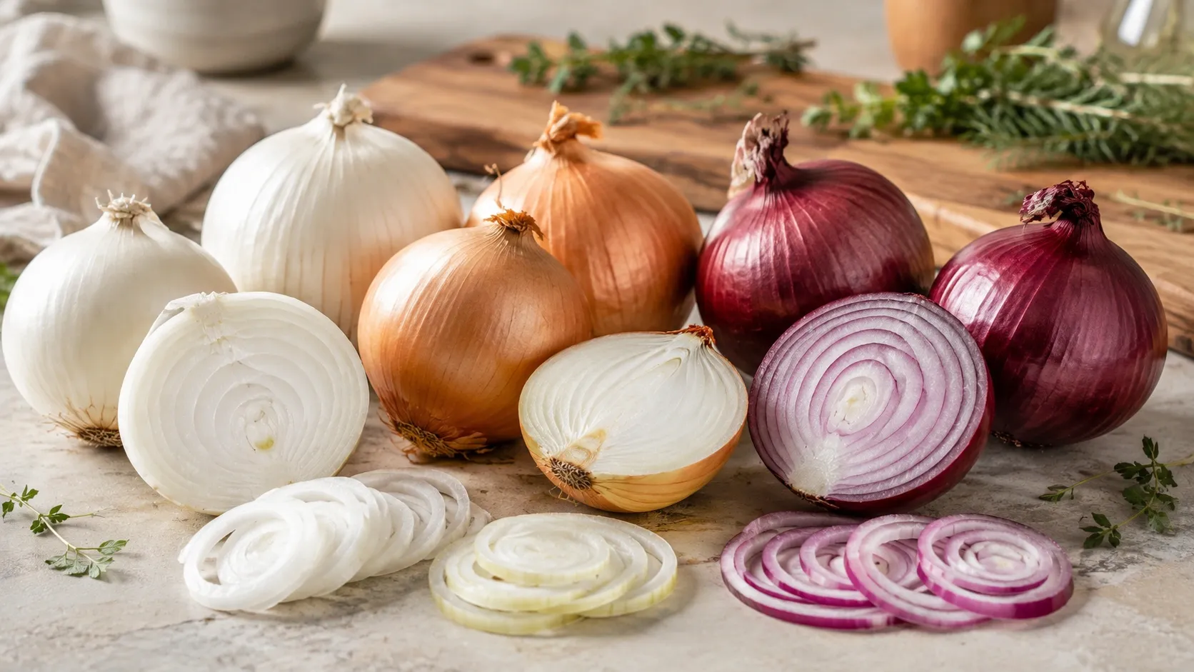 Cebolas brancas e roxas cortadas e inteiras sobre uma bancada de cozinha clara, preparadas para uso culinário.