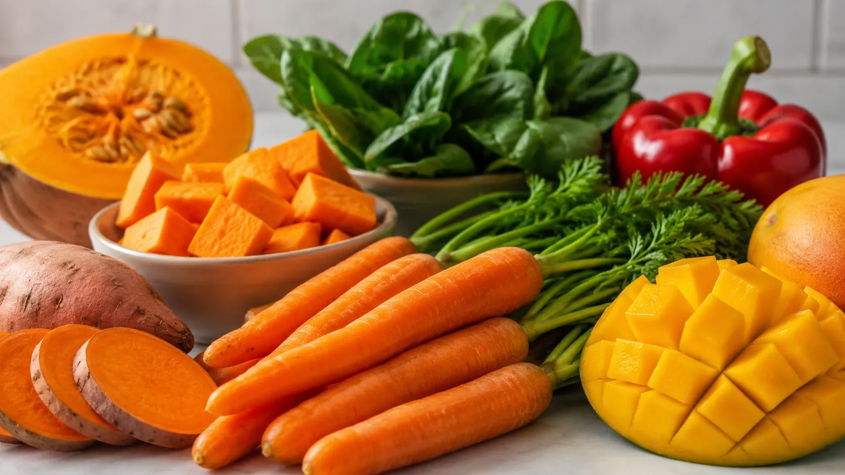 Cenoura, batata-doce, abóbora, espinafre, pimentão e manga reunidos como fontes alimentares de carotenoides.