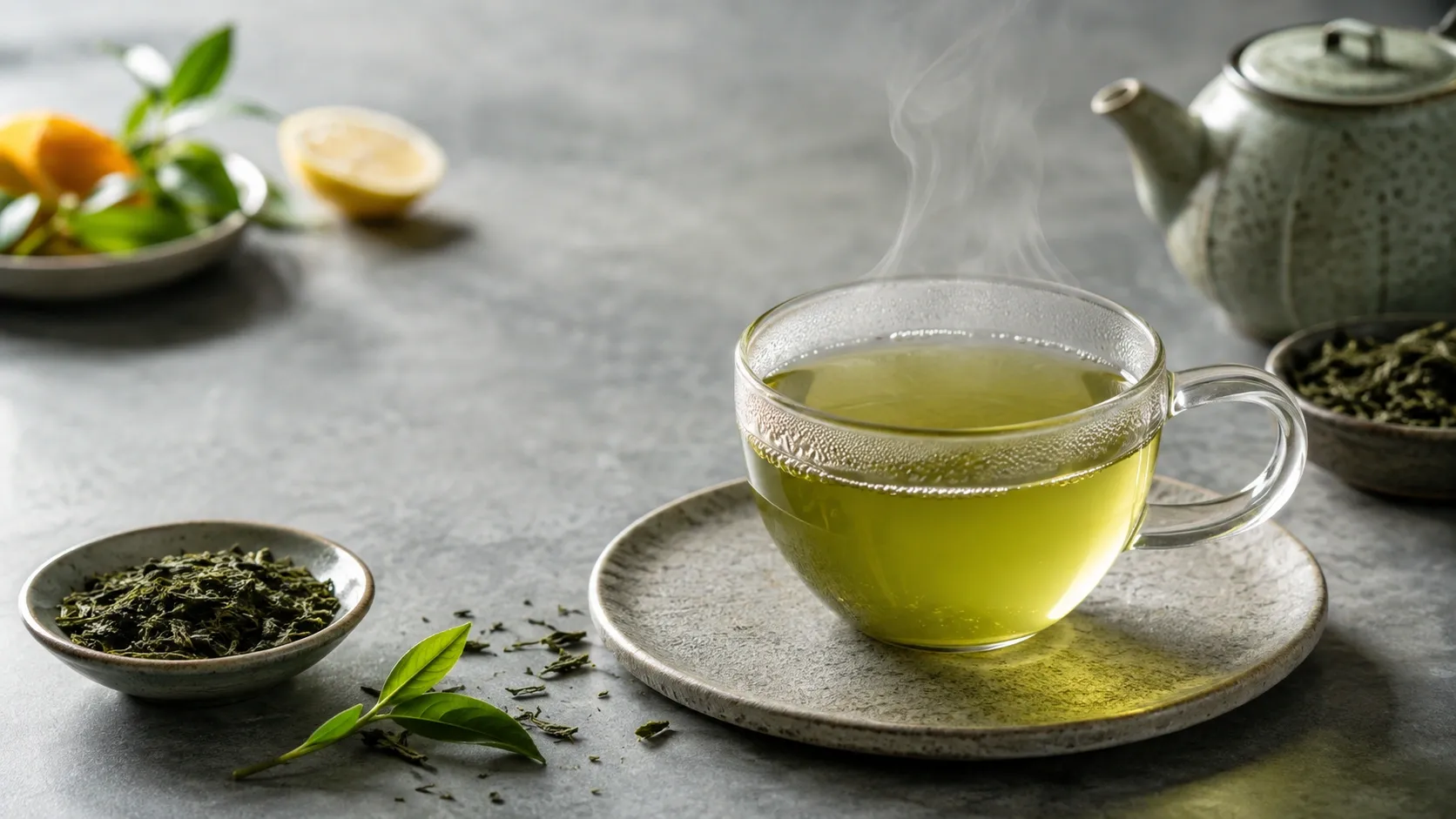 Xícara de chá verde ao lado de folhas de chá e elementos relacionados a uma alimentação equilibrada, em uma composição editorial limpa.