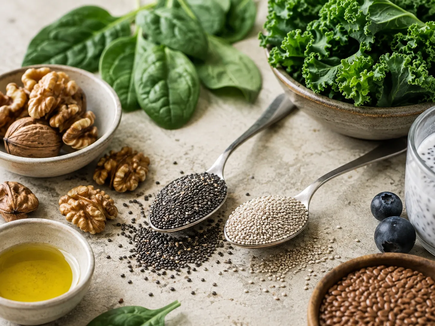 Duas colheres de sementes de chia acompanhadas de alimentos naturais sobre uma superfície clara.
