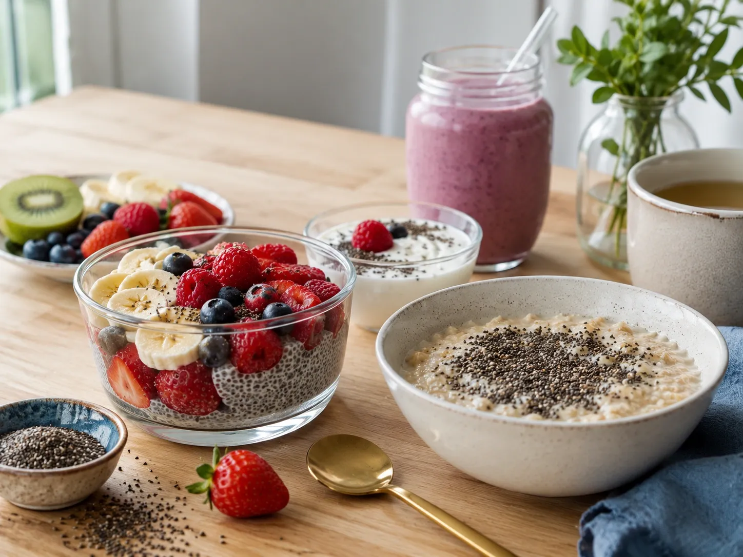 Café da manhã com pudim de chia, aveia, frutas, iogurte e vitamina.