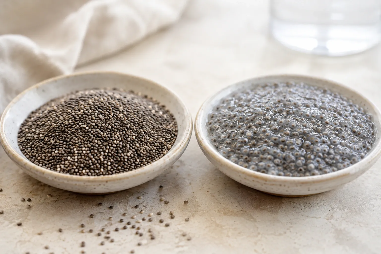 Comparação visual entre sementes de chia secas e chia hidratada formando um gel.