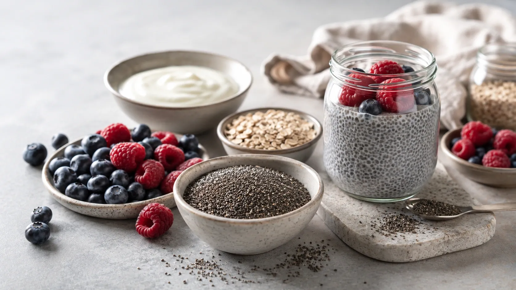 Sementes de chia em uma tigela ao lado de frutas, iogurte e ingredientes naturais sobre uma mesa clara.