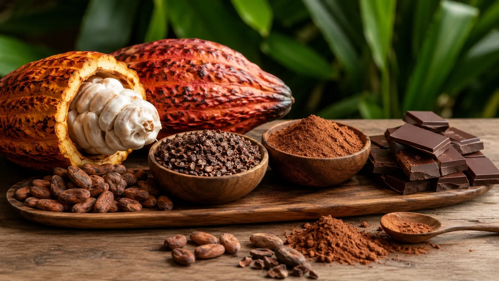 Fruto do cacaueiro, amêndoas, nibs, cacau em pó e chocolate mostrando diferentes etapas do processamento do cacau.