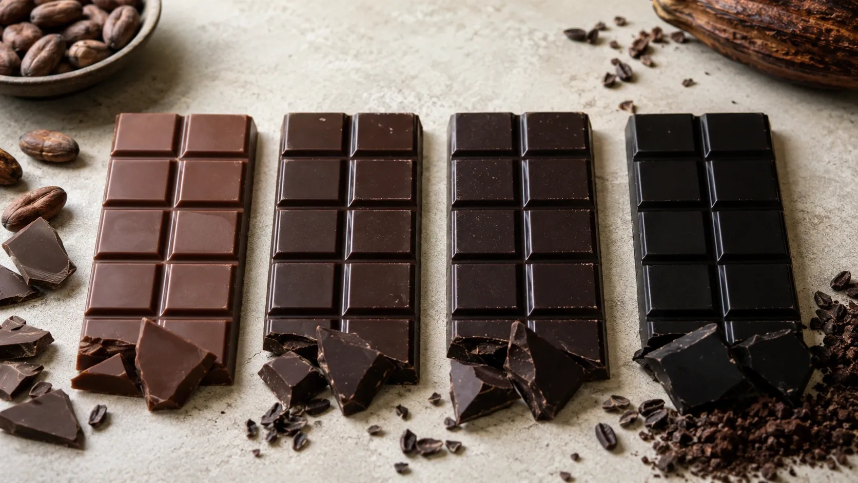 Barras de chocolate com tonalidades progressivamente mais escuras, representando diferentes proporções de cacau.