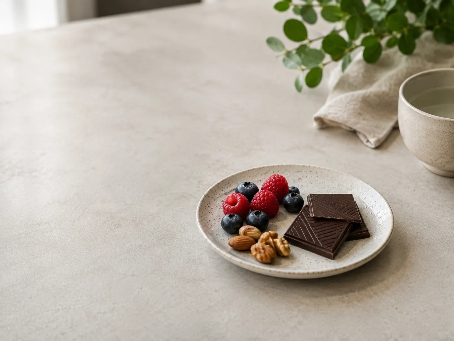 Pequena porção de chocolate amargo servida em um prato com frutas vermelhas e oleaginosas.