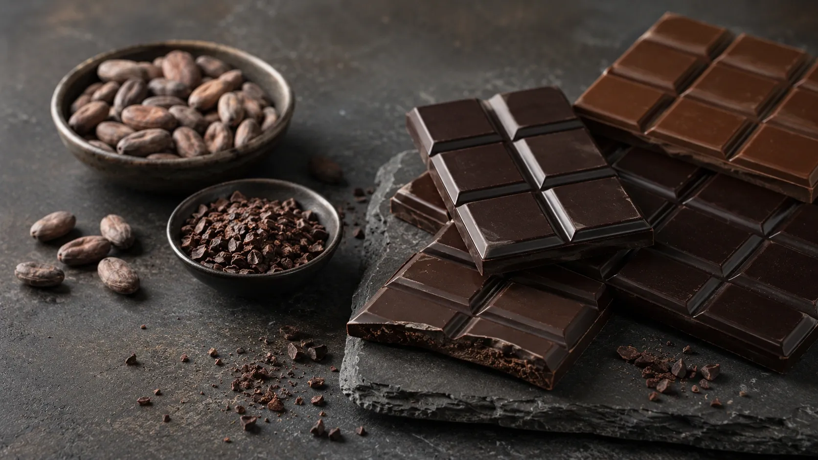Pedaços de chocolate amargo com diferentes percentuais de cacau ao lado de grãos e nibs de cacau sobre uma superfície escura.