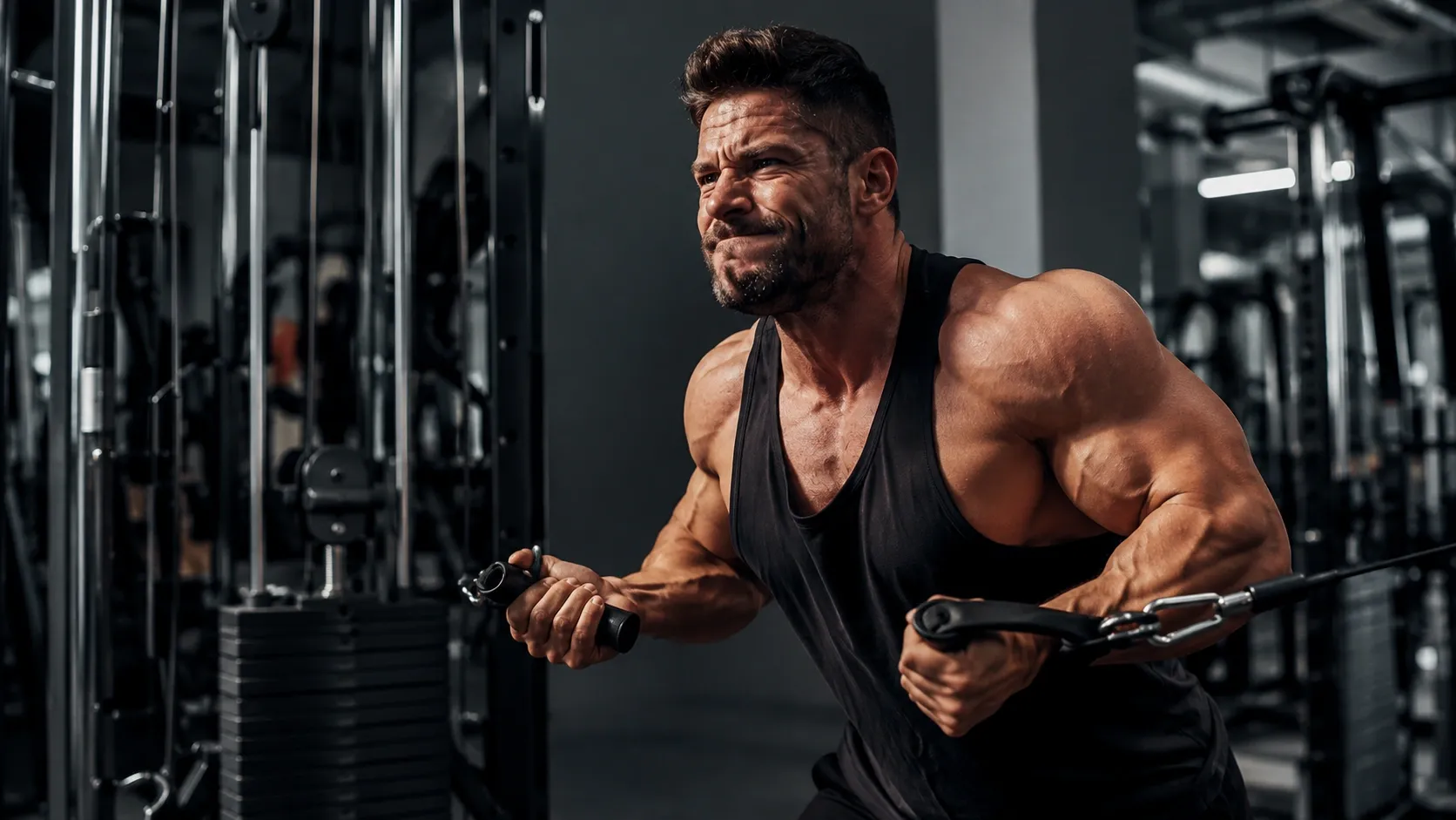Pessoa realizando uma série intensa de musculação próxima da fadiga muscular.