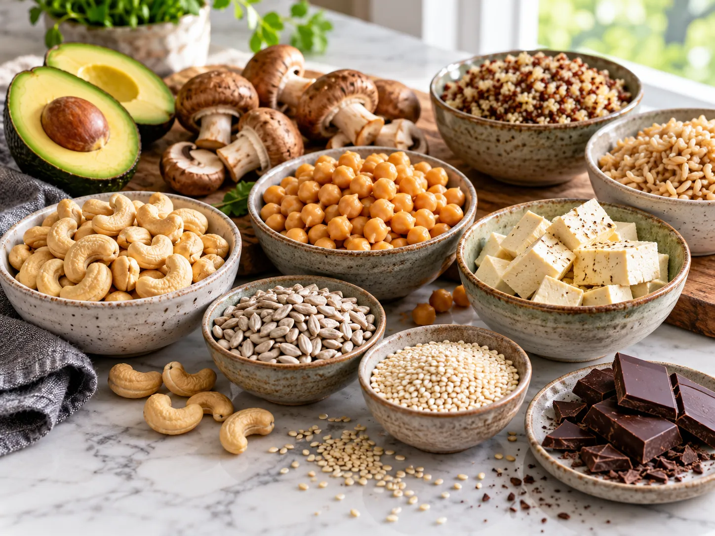 Selection of plant foods naturally rich in copper arranged in small bowls.