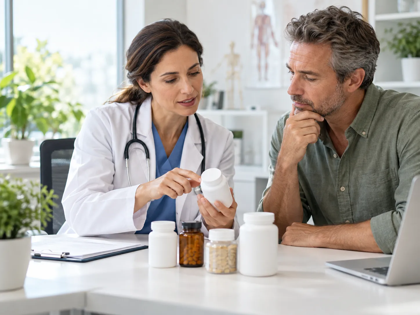 Healthcare professional and patient reviewing different mineral supplements during a consultation.