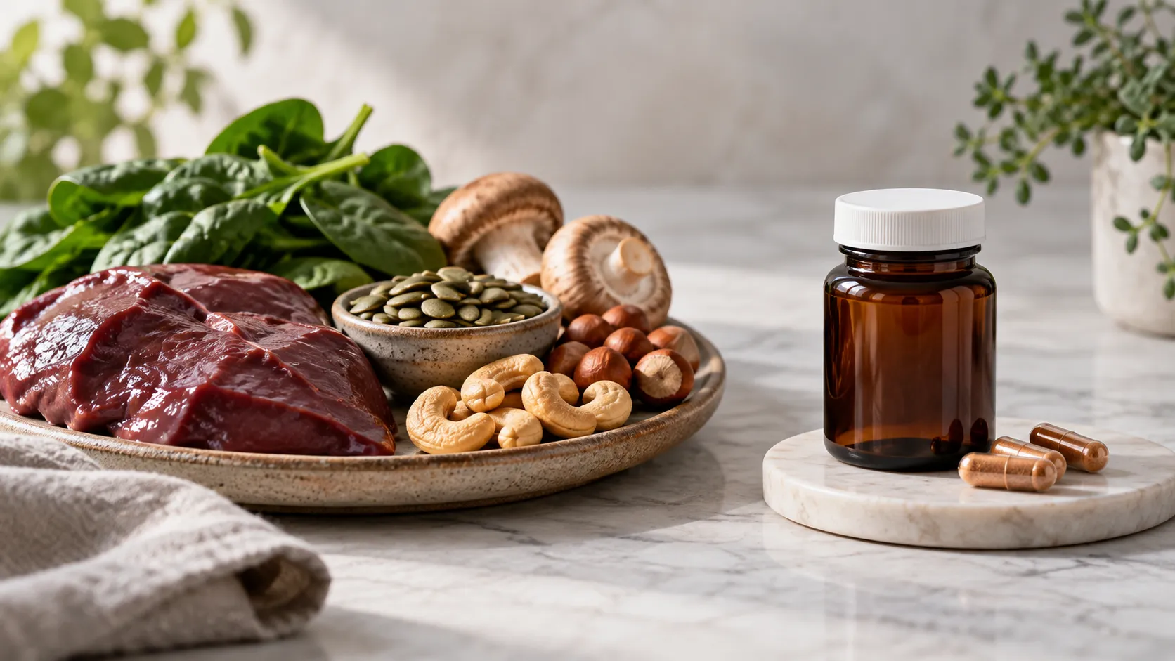 Copper-rich foods beside a generic supplement bottle, representing the balance between adequate intake and excess.