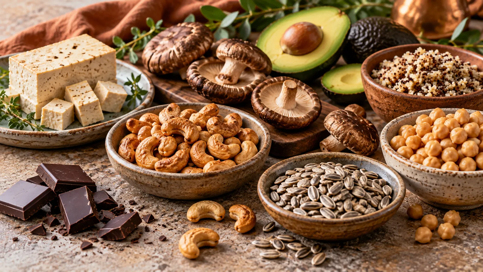 Copper-rich foods including nuts, seeds, chickpeas, mushrooms and dark chocolate arranged on a table.