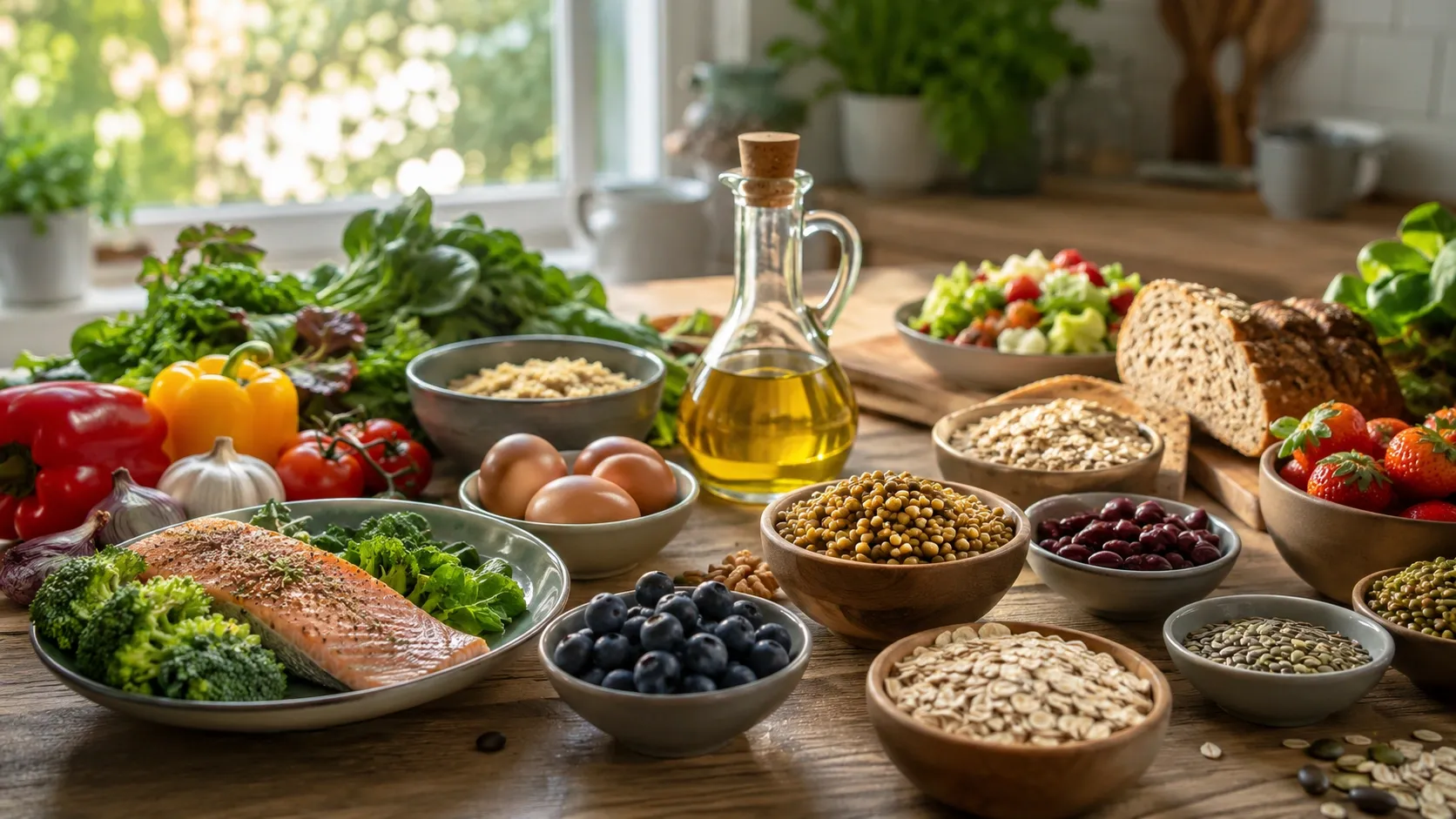 Mesa com vegetais, leguminosas, cereais integrais, peixes, nozes, sementes, azeite e ovos em um padrão alimentar equilibrado.