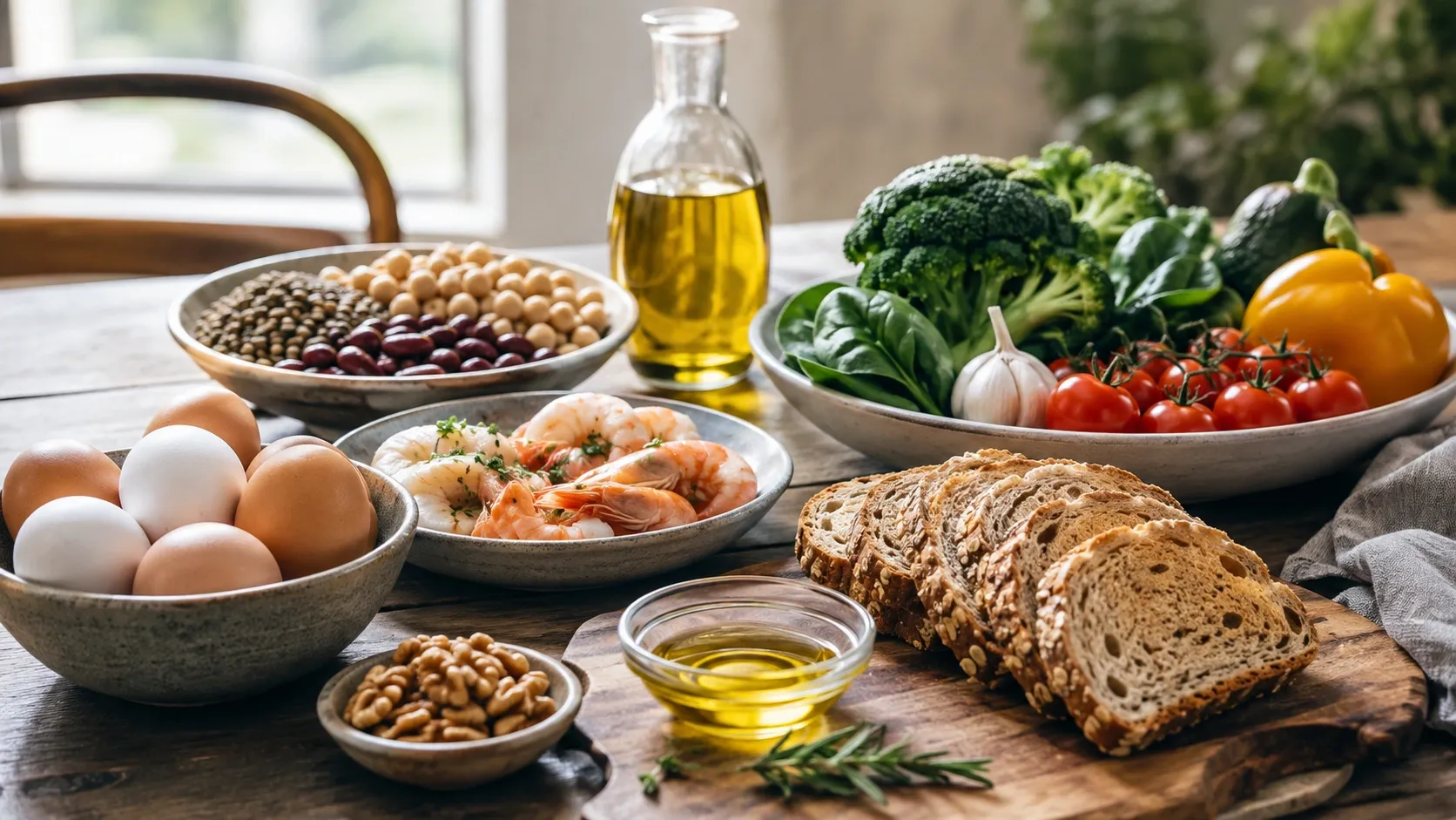 Mesa com alimentos relacionados ao colesterol e à saúde cardiovascular, incluindo ovos, vegetais, azeite, nozes e outras fontes de proteína.