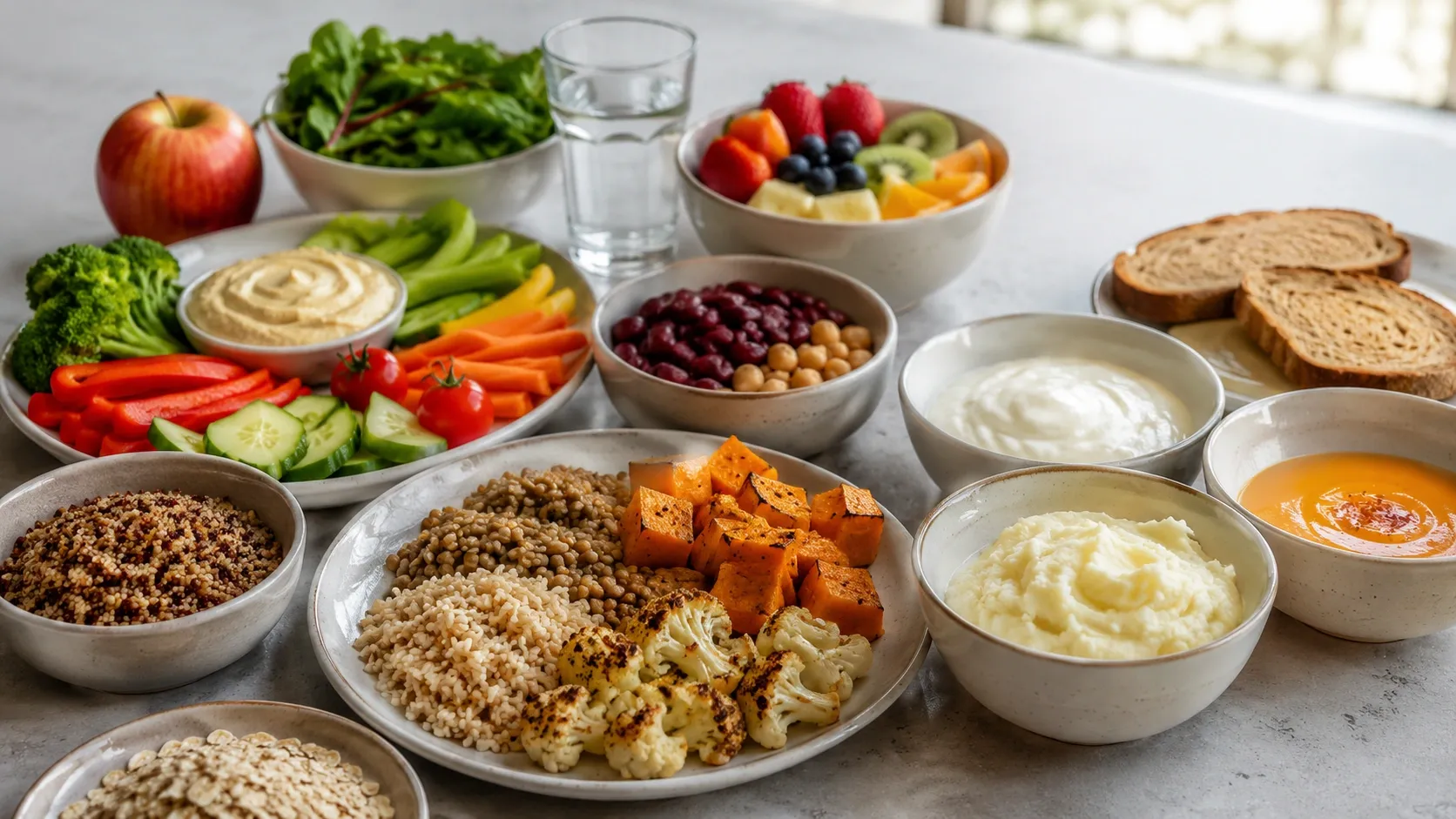 Variedade de alimentos com diferentes texturas, incluindo vegetais, frutas, leguminosas e grãos.