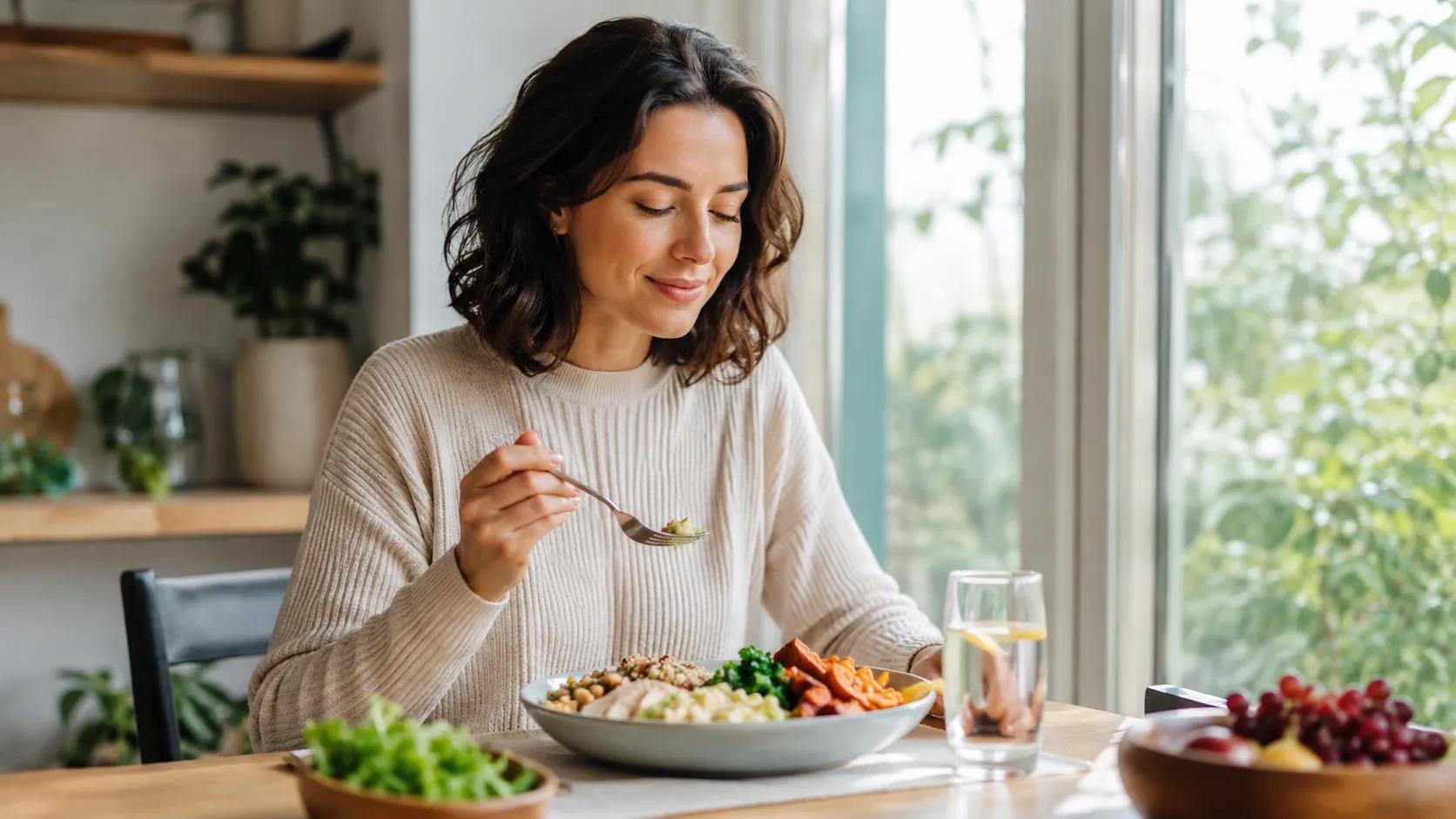 Pessoa fazendo uma refeição equilibrada com calma, em uma mesa bem iluminada, com alimentos variados e minimamente processados.