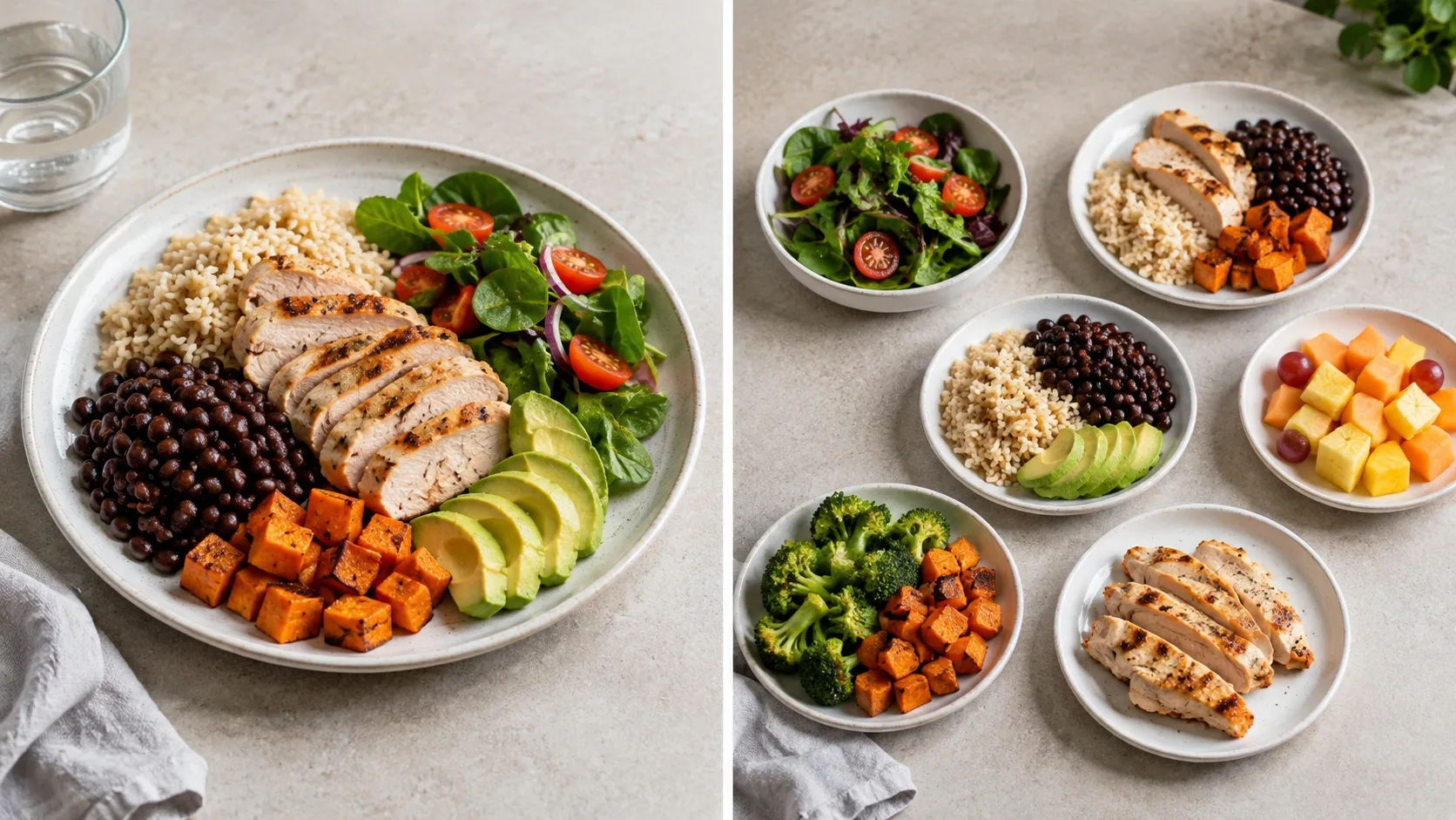 Uma refeição maior ao lado de várias porções menores com alimentos semelhantes.