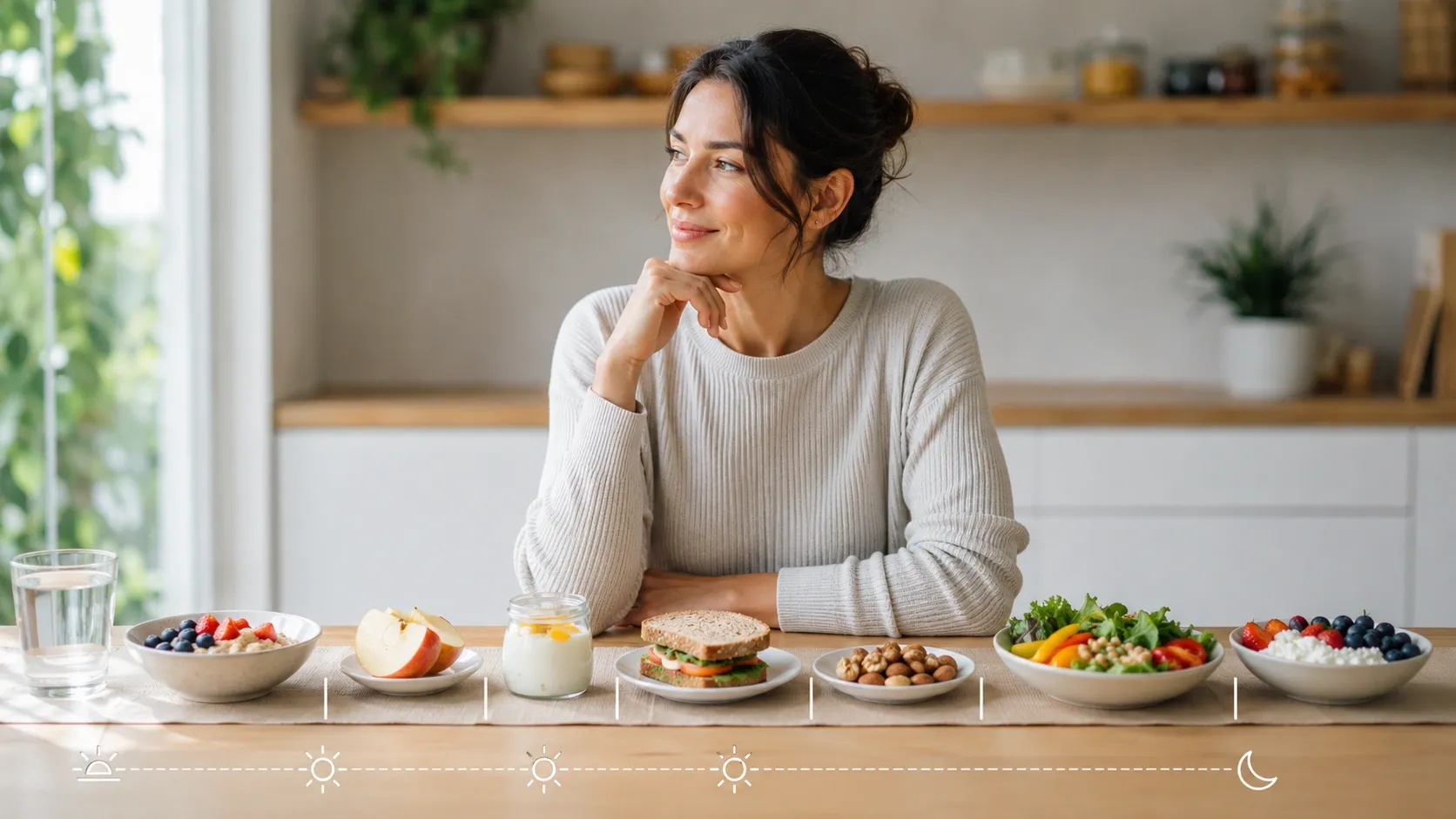 Pessoa diante de várias pequenas refeições distribuídas ao longo do dia, representando o mito da frequência alimentar e do metabolismo.