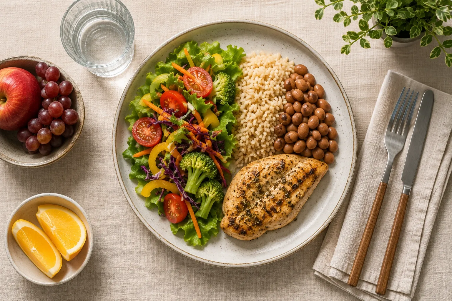 Prato equilibrado com vegetais, grãos, leguminosas e fonte de proteína, acompanhado de água e fruta.