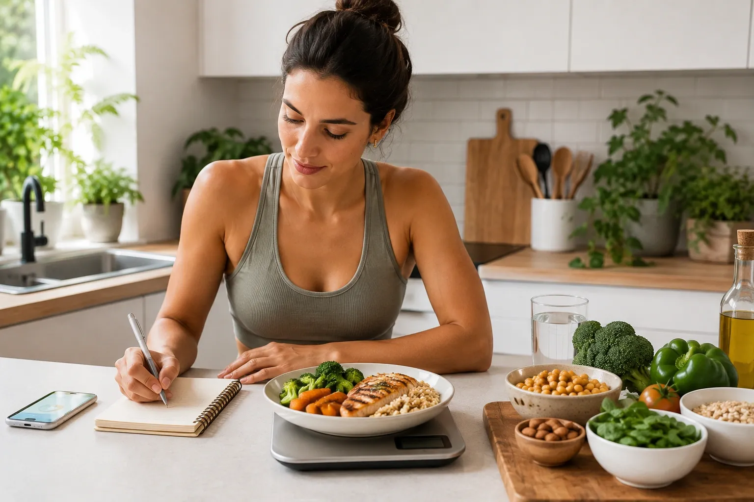 Pessoa utilizando uma pequena balança de cozinha para aprender sobre porções dos alimentos.