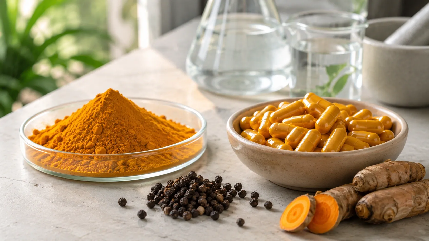 Cúrcuma, cápsulas de curcumina e grãos de pimenta-preta em composição sobre biodisponibilidade.
