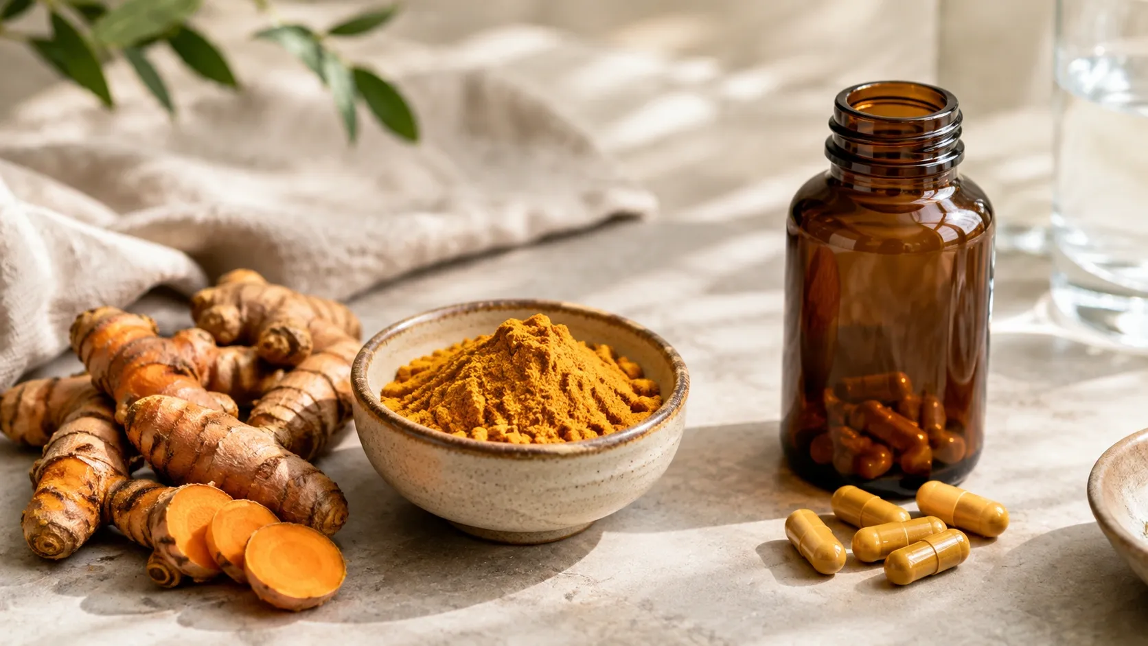 Raiz e pó de cúrcuma ao lado de cápsulas sem marca em composição editorial que diferencia o alimento do suplemento.