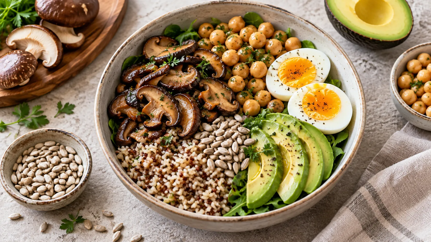 Refeição com diferentes fontes alimentares de vitamina B5 em porções habituais.
