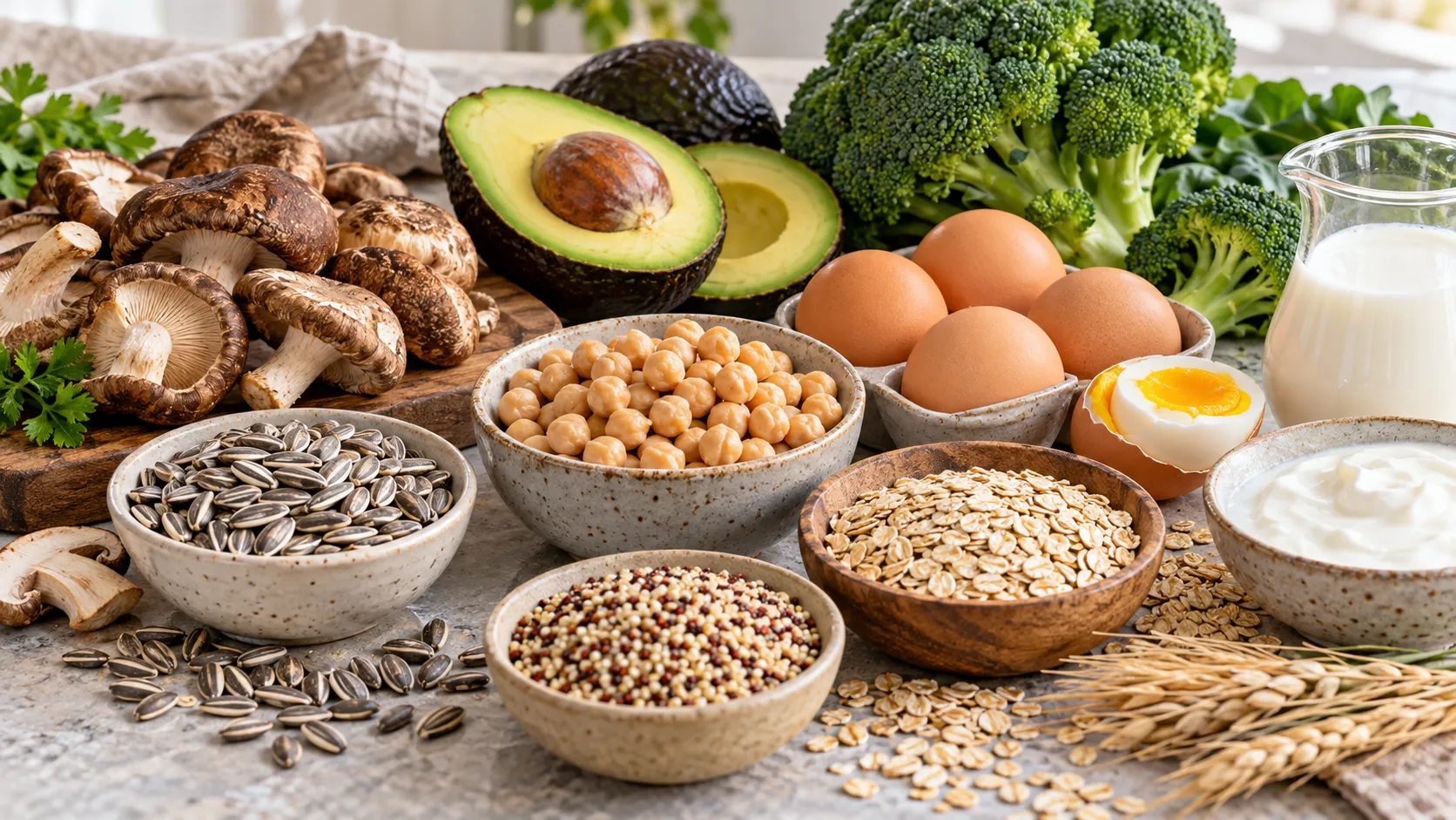 Seleção de alimentos vegetais e animais que fornecem ácido pantotênico.