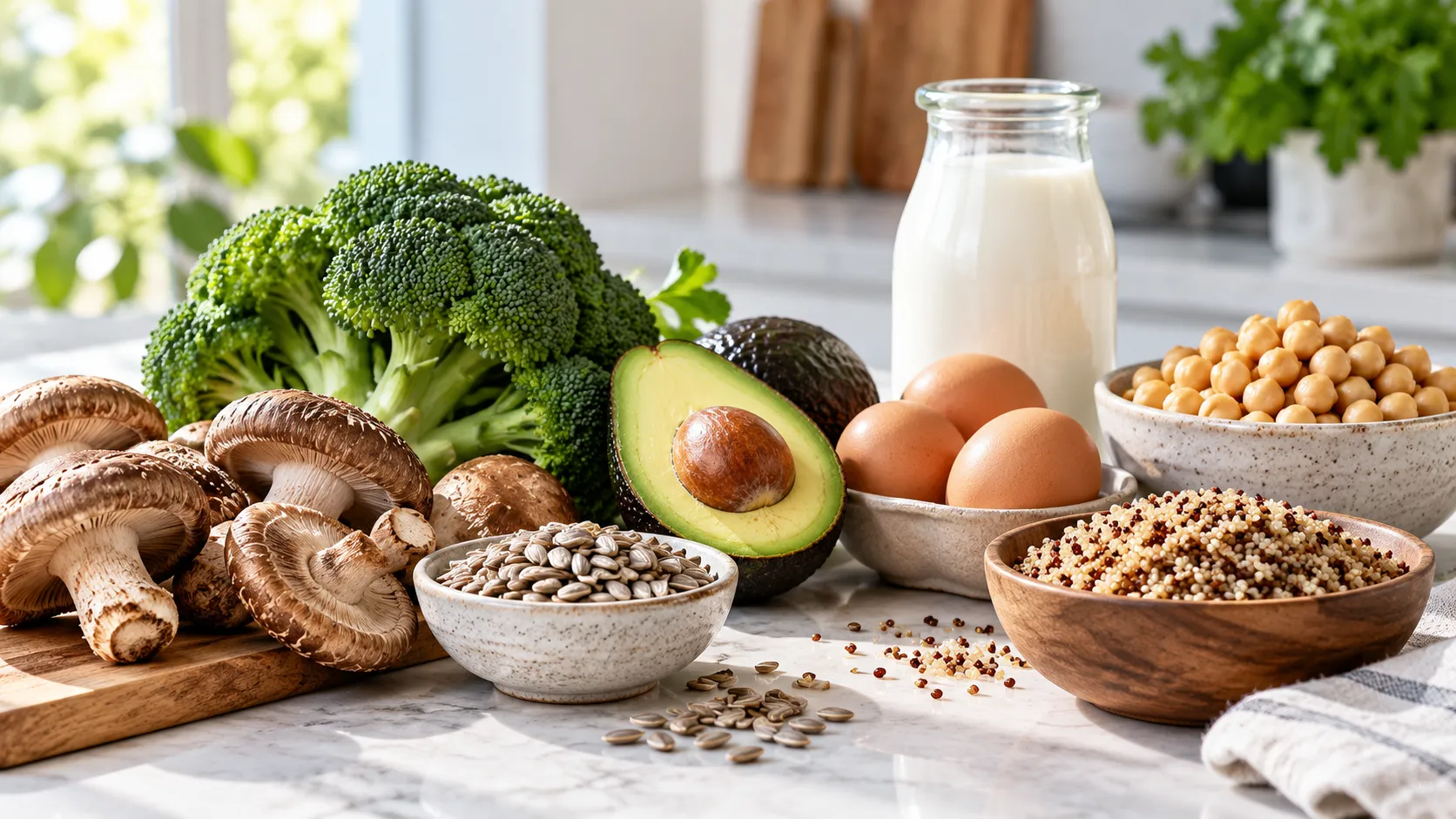 Alimentos variados fontes de vitamina B5 organizados sobre uma mesa clara.