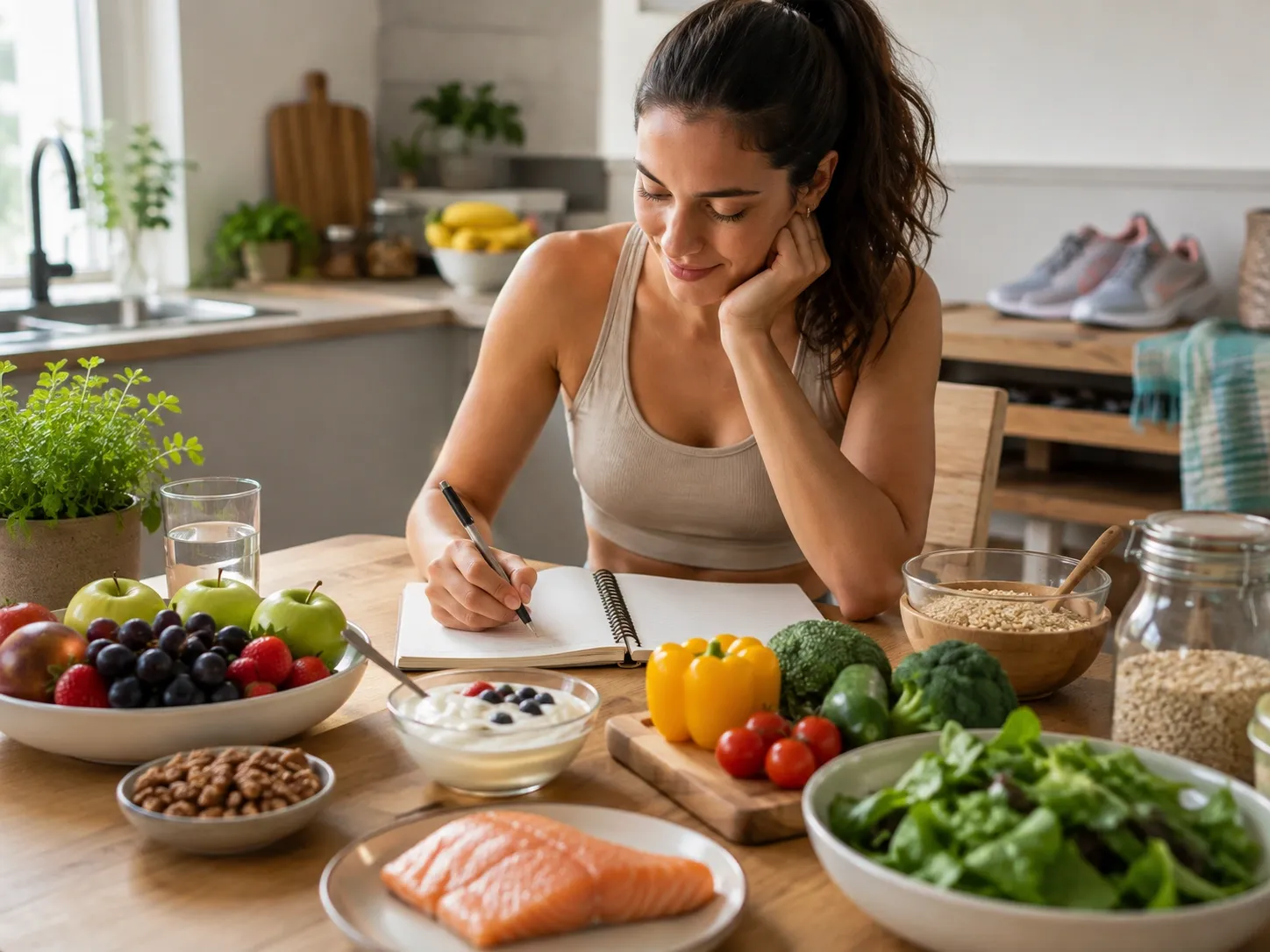 Pessoa planejando refeições com alimentos variados e itens relacionados a uma rotina ativa.