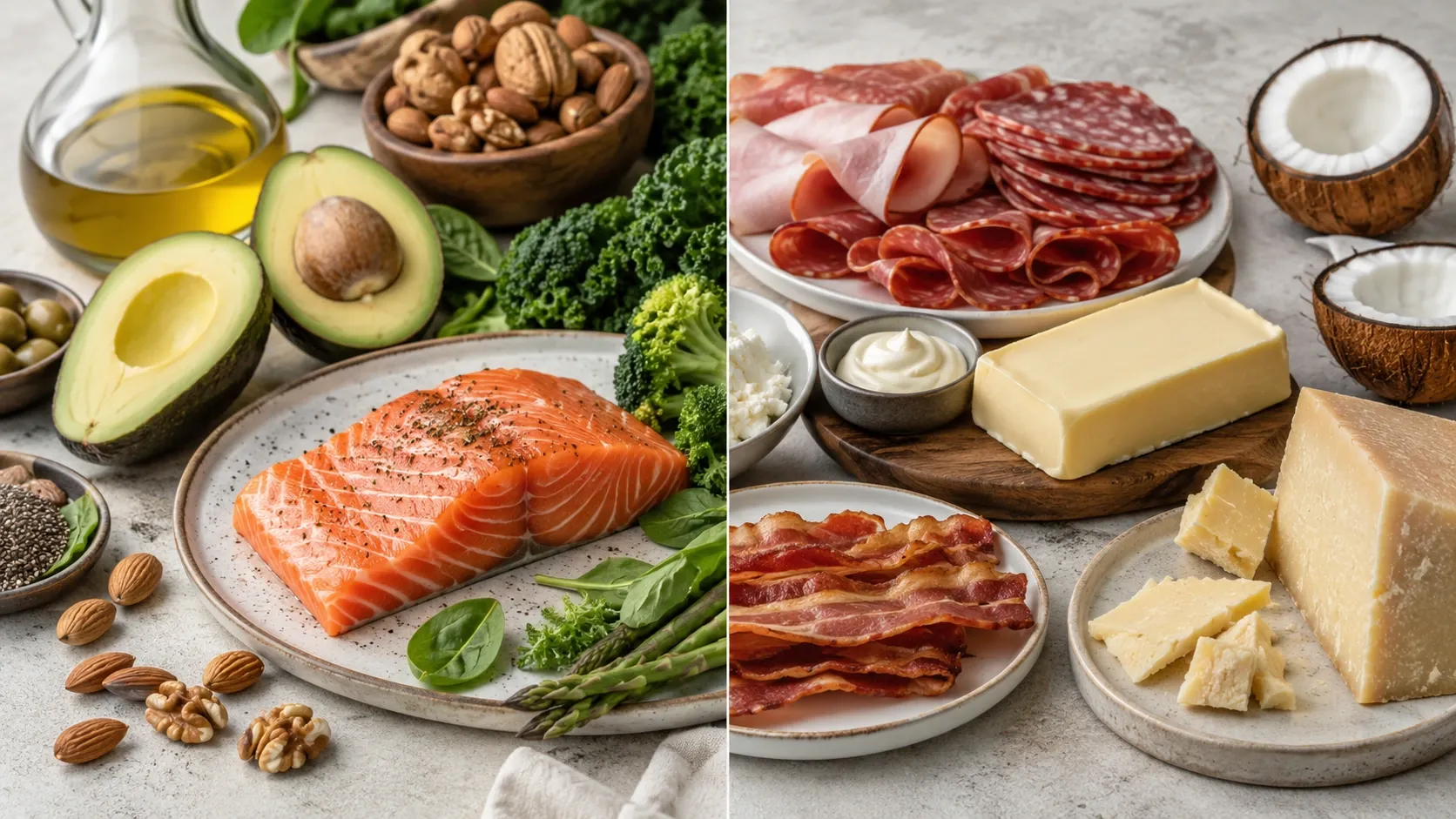Composição comparando alimentos ricos em gorduras insaturadas com opções que concentram maiores quantidades de gordura saturada.