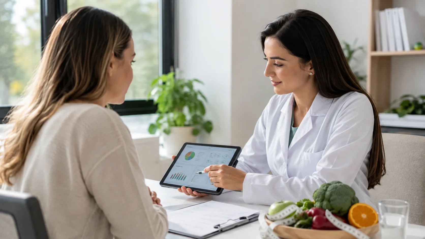 Profissional de saúde conversa com paciente enquanto avalia um plano alimentar e informações clínicas em um tablet.