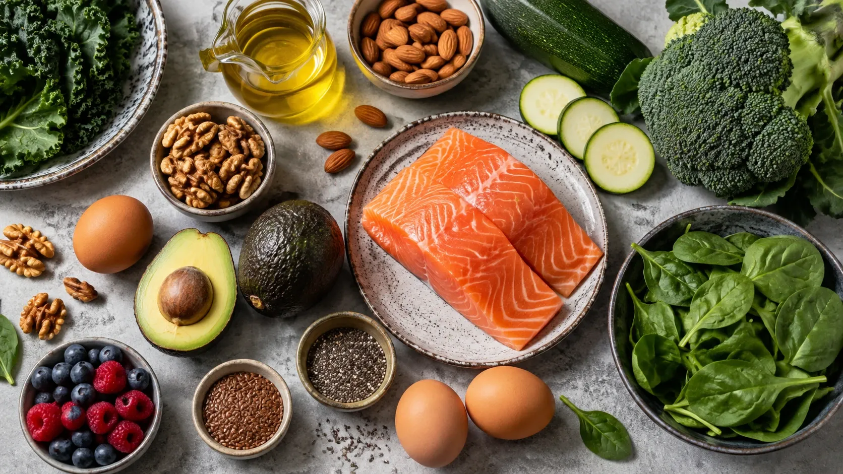 Alimentos comuns em uma dieta cetogênica, como abacate, salmão, ovos, azeite, castanhas e vegetais verdes, organizados sobre uma mesa.