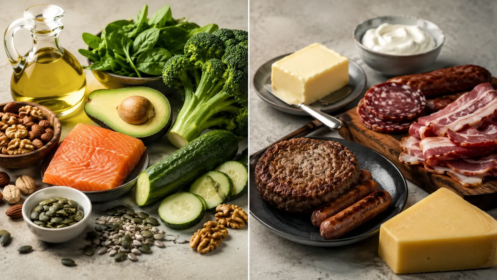 Alimentos dos principais grupos da dieta DASH organizados sobre uma mesa.